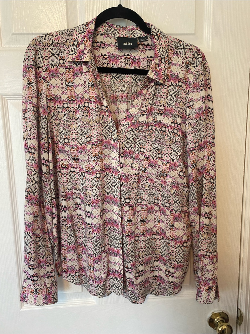 Anthropologie Pink and Black Patterned Button-Down Shirt